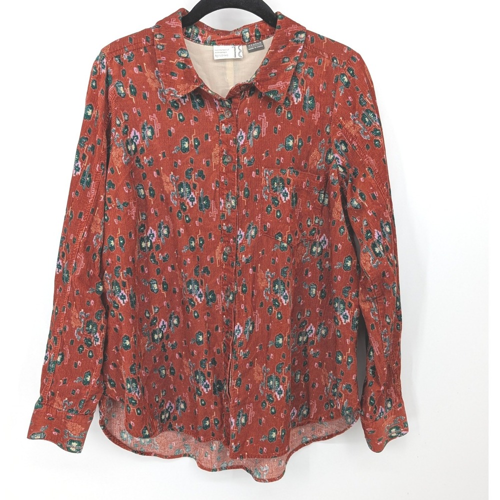 Anthropologie Building 18 Top‎ Button Up Women 10 Orange Floral Corduroy Shirt